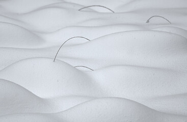 Eine Graswiese ist bedeckt von hohem Schnee und nur vereinzelt ragen Grashalme aus den Schneehügeln, Es ist eine kleine Berg und Tallandschaft aus Schnee.