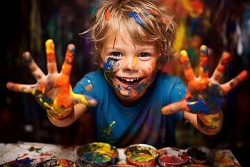 Joyful boy covered in colorful paint, showing his creativity. Captured indoors, celebrating the playfulness of childhood. Concept of learning and fun