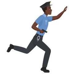 Fototapeta na wymiar Black policeman chasing with gun. African male officer with weapon cartoon vector illustration