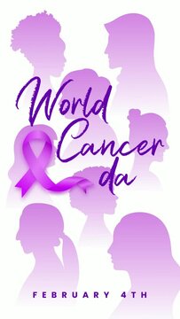 world cancer day women silhouette and purple ribbon with white background for social media post,celebrating the lives of brave warriors,cancer awareness february 4th animation	
