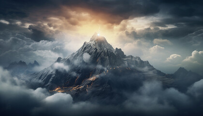 tip of the mountain between the clouds hyper realis 