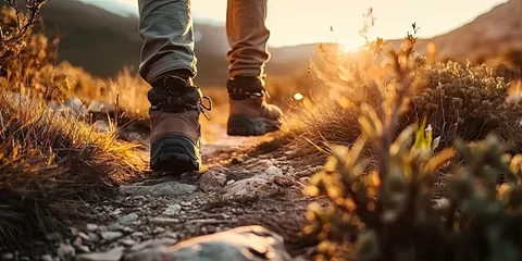 Deurstickers Autumn adventure. Closeup of hiker boots on nature trail. Trekking through fall. Feet on vibrant forest path. Stylish hiking boot on sunny autumn day © Bussakon