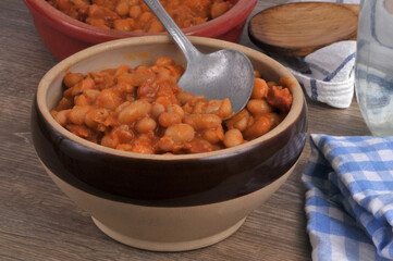Bol de haricots blancs sauce tomate avec une cuillère en gros plan