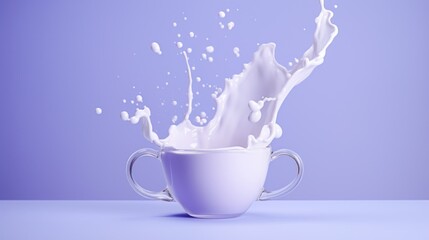  a splash of milk in a coffee cup on a blue background with space for a text or an image of a splash of milk in a coffee cup on a blue background.