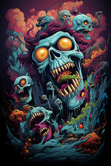 Cartoon zombies T-shirt design Halloween skull in the dark night 