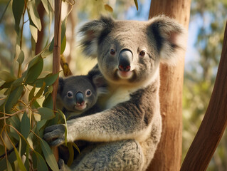 Filename: 00066_02_rl.Description: Adorable mother and baby koala snuggled up together in a lush eucalyptus tree.