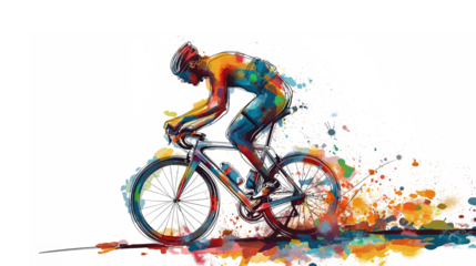 a man ride a bike colorful splash isolated on white background.