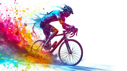 a man ride a bike colorful splash isolated on white background. - obrazy, fototapety, plakaty