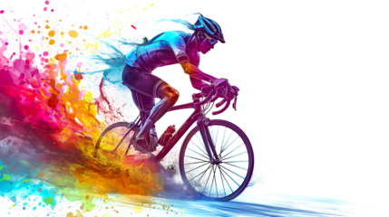 a man ride a bike colorful splash isolated on white background.