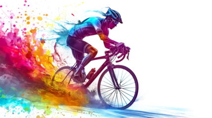Fotobehang a man ride a bike colorful splash isolated on white background. © Tony A