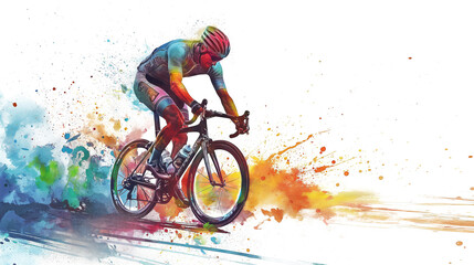 a man ride a bike colorful splash isolated on white background. - Powered by Adobe