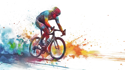 Fototapeten a man ride a bike colorful splash isolated on white background. © Tony A