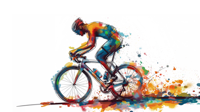 a man ride a bike colorful splash isolated on white background.