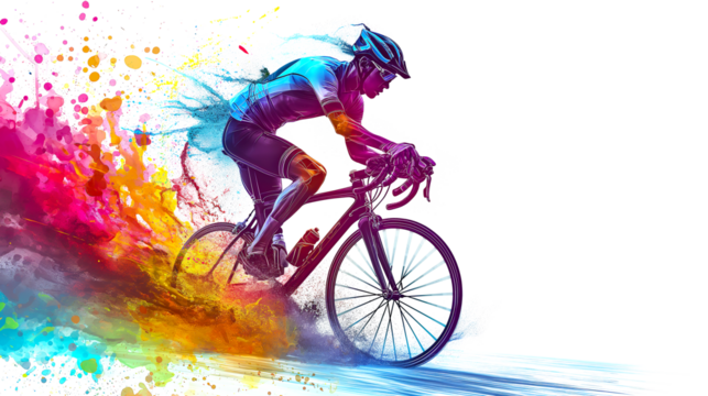 a man ride a bike colorful splash isolated on white background.