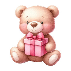 Watercolor teddy bear with a gift box. Valentine's Day element. Watercolor valentine's illustration.