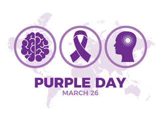 Purple Day for epilepsy awareness poster vector illustration. Purple epilepsy awareness ribbon, human brain and head silhouette round icon set vector. March 26. Important day