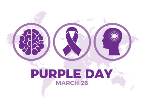 Purple Day for epilepsy awareness poster vector illustration. Purple epilepsy awareness ribbon, human brain and head silhouette round icon set vector. March 26. Important day