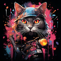 Cat riding a bicycle, artistic style graffiti art, t-shirt design
