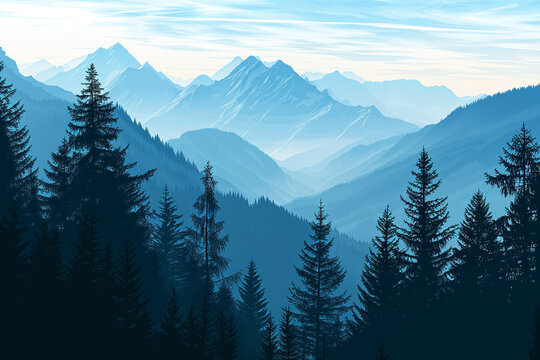 Illustration of dark blue silhouette of valley view of forest fir trees and mountains, mountains peaks. Landscape, forest mountains, nature, adventure travel concept, panorama