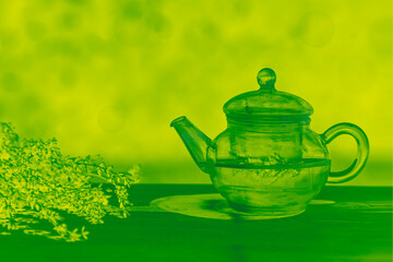 Fresh delicious tea with lavender and beautiful flowers on white marble table. duotone