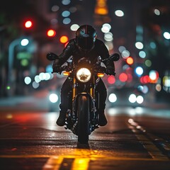 a person riding a motorcycle on a street at night