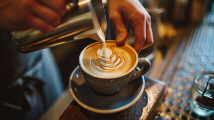 Fototapeta na wymiar A barista carefully crafts latte art in a coffee cup, the foam forming a delicate pattern.