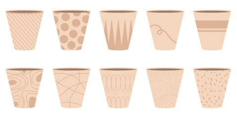 Ceramic flower pots. Set of vector illustrations isolated on white background.