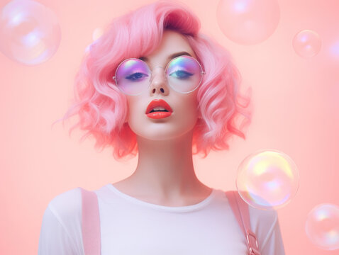 Stylish woman with vibrant pink hair and bubblegum