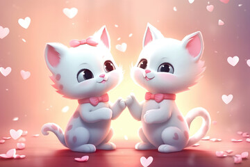 Adorable kittens with bow ties surrounded by hearts in a whimsical setting.