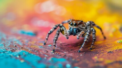 A jumping spider, captured in a hyper-detailed macro photo, stands out against a colorful surface.