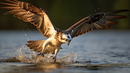 A bird such as an osprey or sea hawk is searching for fish in the water.