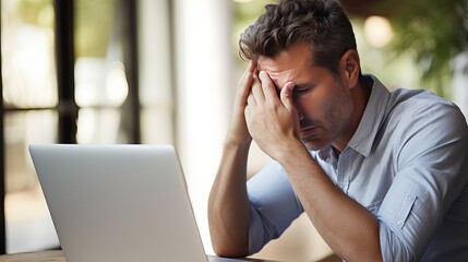 A man is feeling stressed as he works on his laptop - obrazy, fototapety, plakaty
