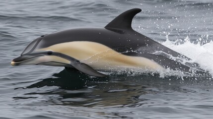 Fototapeta premium A dolphin, with a black head and long fins, is seen swimming in the water with its offspring.