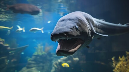 An ancient fish, resembling a great leviathan, opens its large mouth revealing thousands of teeth.