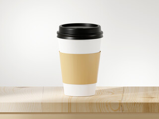 Paper cup with a lid for tea to go. Coffee take away is on the table. There is space for text or logo for mock up on a cup. 3D rendering illustration