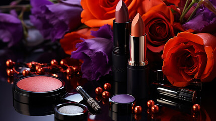 Obraz na płótnie Canvas cosmetic things for girl purple orange black red