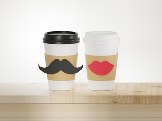Paper cup of coffee with lips and mustache decoration on white background. Valentine's day and wedding concept. 3D rendering illustration
