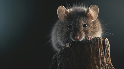 A beautiful mouse, possibly a mousefolk or mouse-girl, is seen sitting on a piece of wood in a forest. - obrazy, fototapety, plakaty