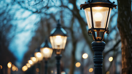 Street lamps lighting up at dusk.
