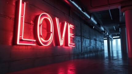 Large neon sign with the word LOVE in an empty room. Glowing symbol of love. Lights of romance