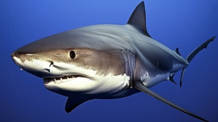 Obraz premium A dangerous blue shark, with a prominent jaw and visible fangs, is seen swimming with its mouth open.