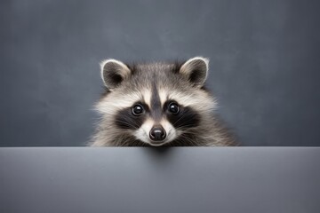 A detailed raccoon, with dreamy eyes and wearing formal clothes, is seen looking over a table. - obrazy, fototapety, plakaty