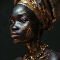 a woman with gold paint on her face and head wrap