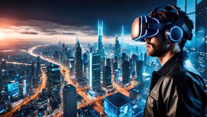 A guy in virtual reality glasses watches a goat in a virtual futuristic city