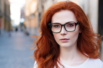 portrait of a woman. red-haired girl with glasses and a white T-shirt, busy street. portrait concept