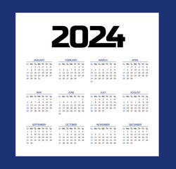 Square calendar Year 2024. Week Starts Sunday.