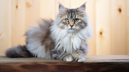 Cute cat sitting on wooden wall furniture