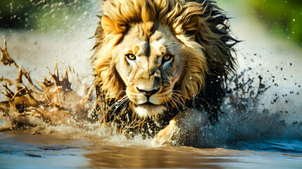 Lion marchant dans l'eau avec des éclaboussures d'eau autour de lui - obrazy, fototapety, plakaty