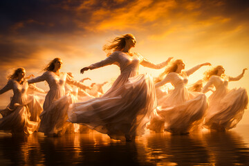 Femmes dansant sur l'eau au coucher du soleil, ballet surréaliste - obrazy, fototapety, plakaty