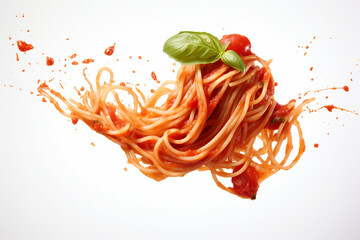 Flying Spaghetti with Tomato Sauce and Basil Spaghetti noodles with splashes of tomato sauce and basil leaves, captured in mid-air, isolated on a white background . Generative AI, - obrazy, fototapety, plakaty